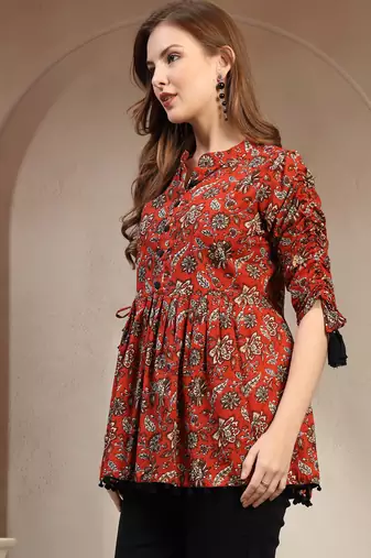 red floral printed cotton flared top for women