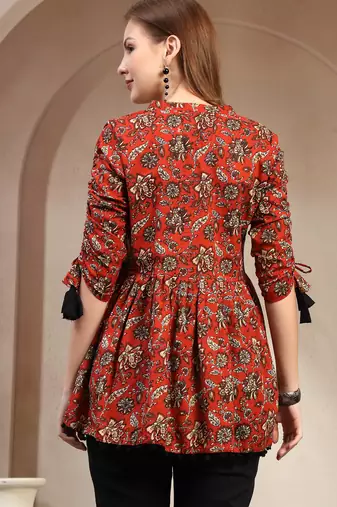 red floral printed cotton flared top for women
