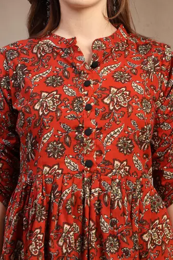 red floral printed cotton flared top for women