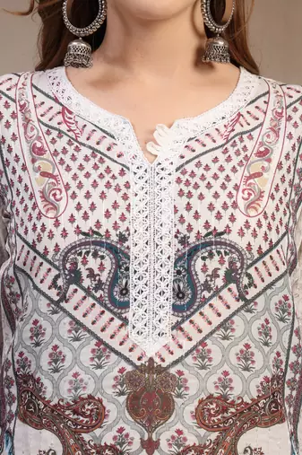 Grey floral printed cotton stitched straight kurta set with pyjama for women