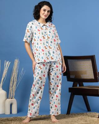 Multicolor printed cotton peter pan collar co-ord night suit for women 1