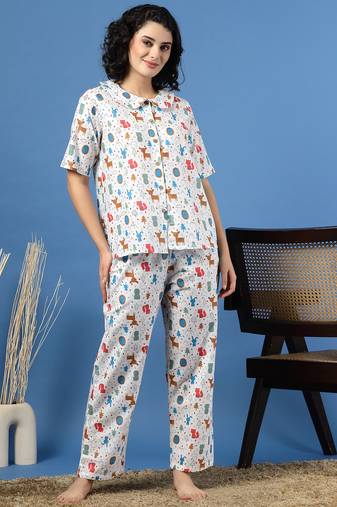 Multicolor printed cotton peter pan collar co-ord night suit for women