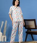 Multicolor printed cotton peter pan collar co-ord night suit for women