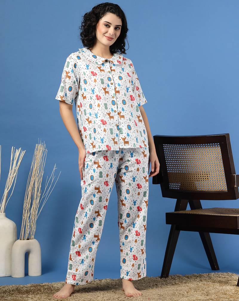 Multicolor printed cotton peter pan collar co-ord night suit for women