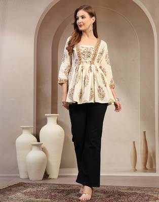 Off-white floral printed cotton flared top for women 1