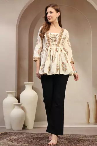 Off-white floral printed cotton flared top for women
