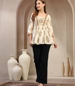 Off-white floral printed cotton flared top for women