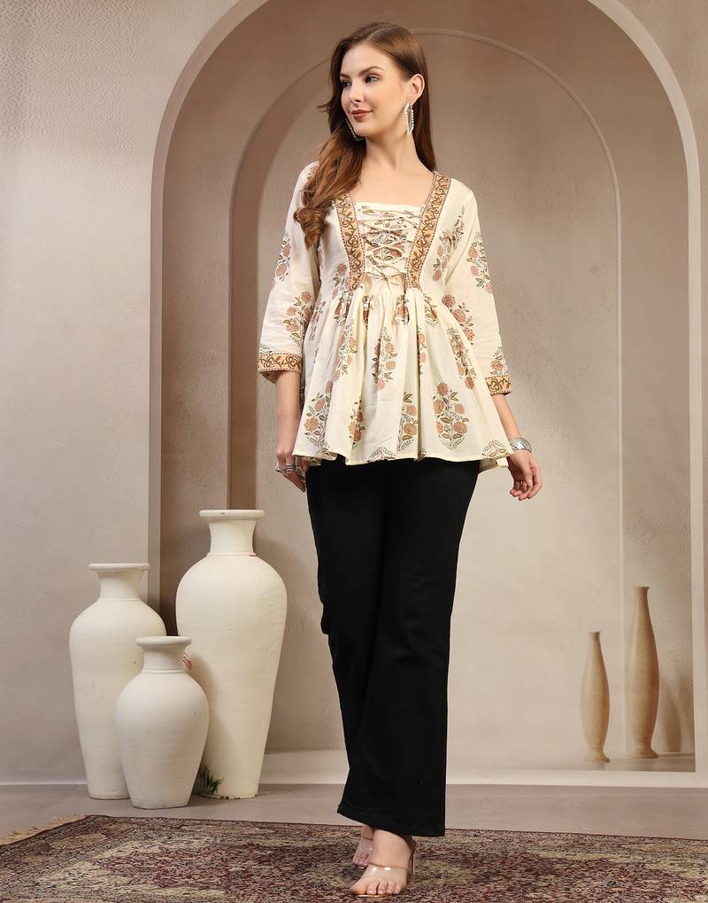 Off-white floral printed cotton flared top for women