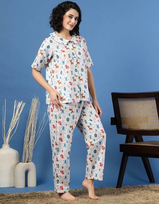 Multicolor printed cotton peter pan collar co-ord night suit for women 2