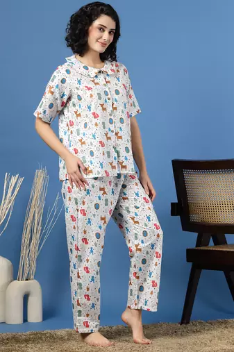 Multicolor printed cotton peter pan collar co-ord night suit for women