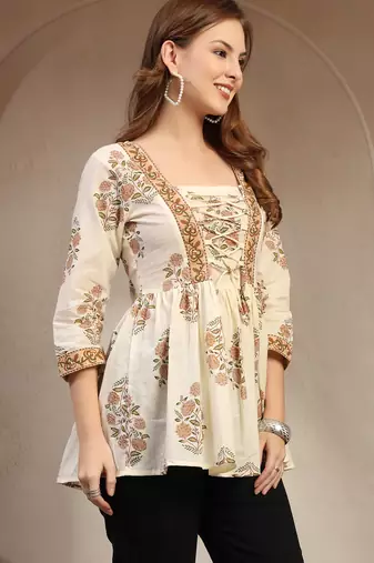 Off-white floral printed cotton flared top for women