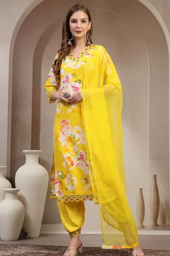 Yellow floral printed rayon stitched straight kurta set with patiala salwar for women