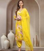Yellow floral printed rayon stitched straight kurta set with patiala salwar for women