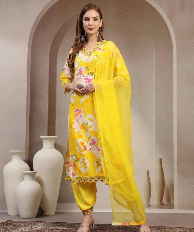 Yellow floral printed rayon stitched straight kurta set with patiala salwar for women