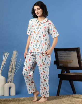 Multicolor printed cotton peter pan collar co-ord night suit for women 3