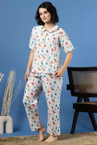 Multicolor printed cotton peter pan collar co-ord night suit for women