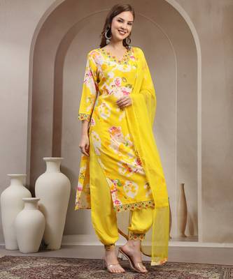Yellow floral printed rayon stitched straight kurta set with patiala salwar for women 2