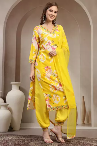 Yellow floral printed rayon stitched straight kurta set with patiala salwar for women