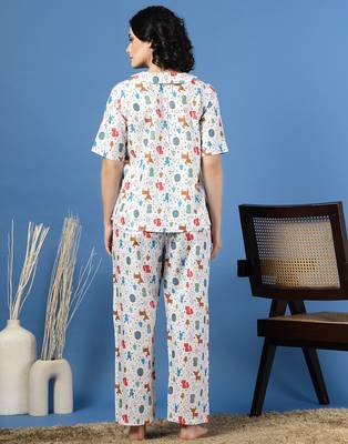 Multicolor printed cotton peter pan collar co-ord night suit for women 4