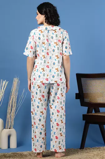 Multicolor printed cotton peter pan collar co-ord night suit for women