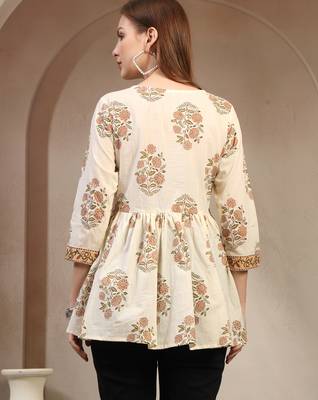 Off-white floral printed cotton flared top for women 4