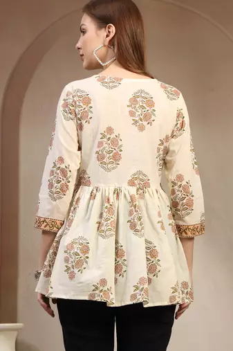 Off-white floral printed cotton flared top for women