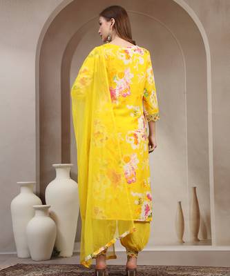Yellow floral printed rayon stitched straight kurta set with patiala salwar for women 3