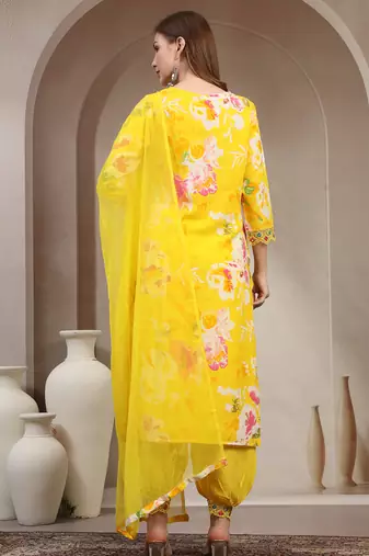 Yellow floral printed rayon stitched straight kurta set with patiala salwar for women