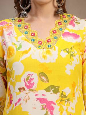 Yellow floral printed rayon stitched straight kurta set with patiala salwar for women 4
