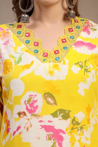 Yellow floral printed rayon stitched straight kurta set with patiala salwar for women