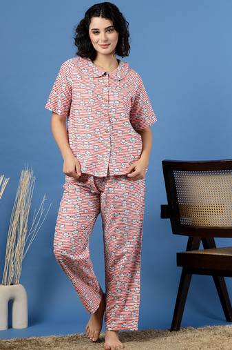 Pink printed cotton peter pan collar co-ord night suit for women