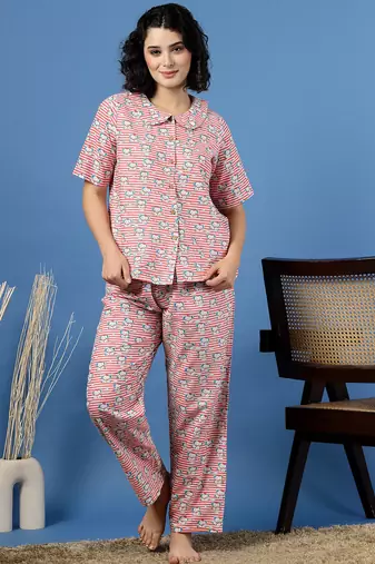 Pink printed cotton peter pan collar co-ord night suit for women