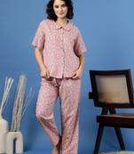 Pink printed cotton peter pan collar co-ord night suit for women