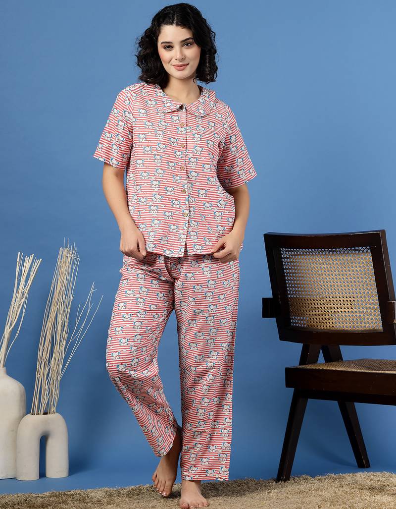 Pink printed cotton peter pan collar co-ord night suit for women