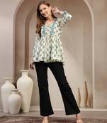 Off-white floral printed cotton flared top for women