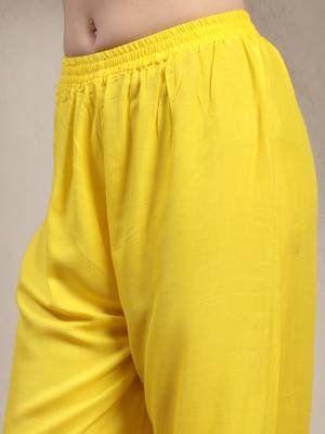 Yellow floral printed rayon stitched straight kurta set with patiala salwar for women 5
