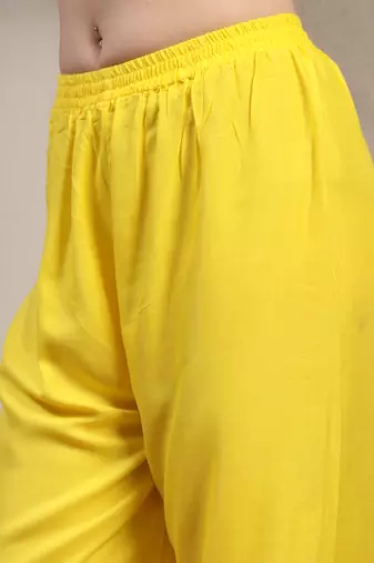 Yellow floral printed rayon stitched straight kurta set with patiala salwar for women