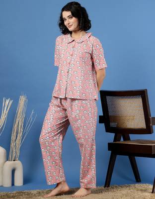 Pink printed cotton peter pan collar co-ord night suit for women 2