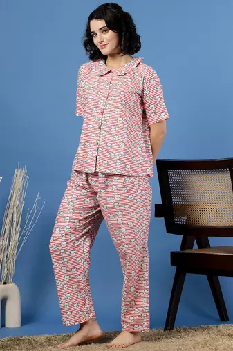 Pink printed cotton peter pan collar co-ord night suit for women