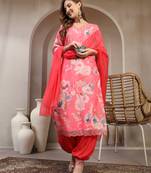 Pink floral printed rayon stitched straight kurta set with patiala salwar for women