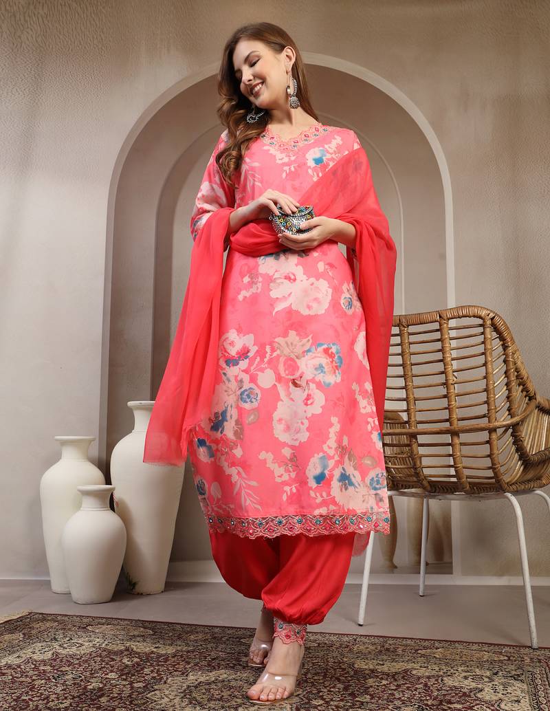 Pink floral printed rayon stitched straight kurta set with patiala salwar for women