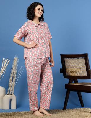 Pink printed cotton peter pan collar co-ord night suit for women 3