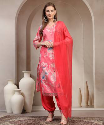 Pink floral printed rayon stitched straight kurta set with patiala salwar for women 2