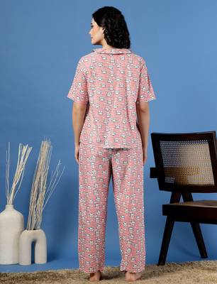 Pink printed cotton peter pan collar co-ord night suit for women 4