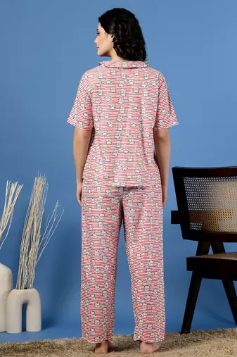 Pink printed cotton peter pan collar co-ord night suit for women