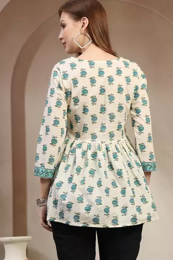 Off-white floral printed cotton flared top for women