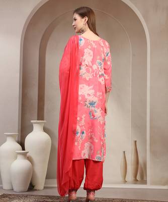 Pink floral printed rayon stitched straight kurta set with patiala salwar for women 3