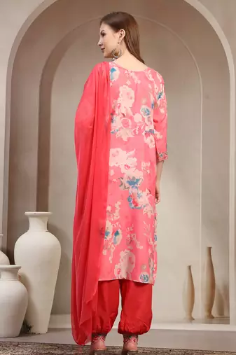 Pink floral printed rayon stitched straight kurta set with patiala salwar for women