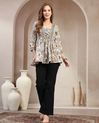 White floral printed cotton flared top for women 1