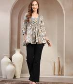 White floral printed cotton flared top for women